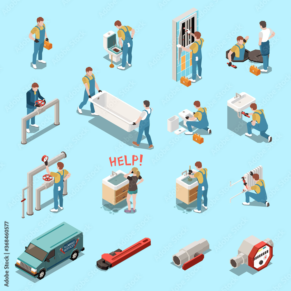 Plumber Isometric Icon Set Plumber Isometric Icon Set
