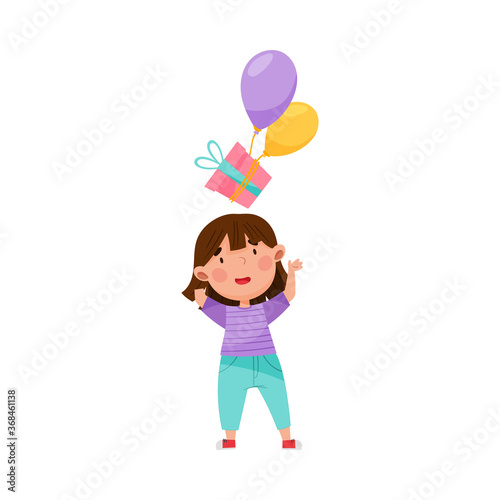 Cute Girl Character Throwing Gift Box with Balloons Vector Illustration