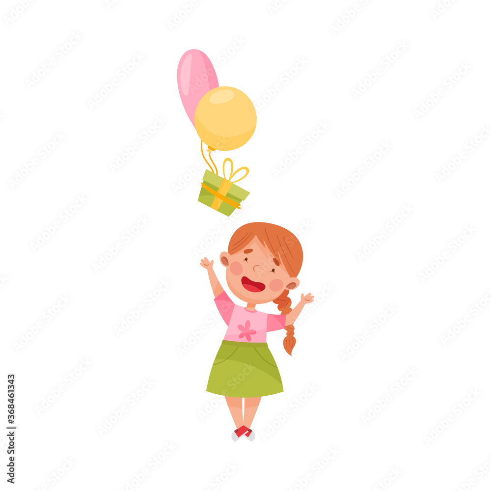 Cute Girl Character Throwing Gift Box with Balloons Vector Illustration Cute Girl Character Throwing Gift Box with Balloons Vector Illustration