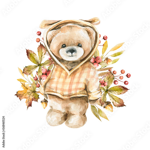 Hand drawing watercolor сhildren's illustration - cute teddy bear in a sweater with autumn floral composition of berries, flowers, leaves. illustration isolated on white photo