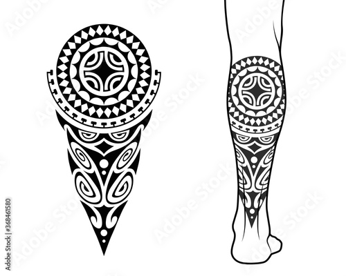 Maori tribal style tattoo pattern fit for a leg. With example on body.