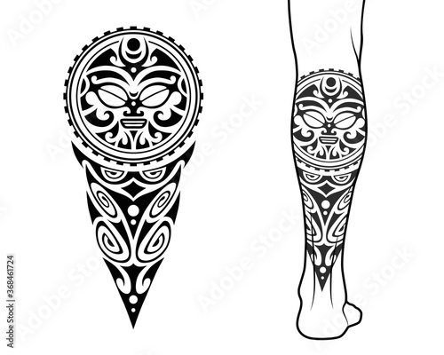 Maori tribal style tattoo pattern fit for a leg. With example on body.
