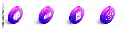 Set Isometric Fire exit, Fire truck, Canister for flammable liquids and No fire match icon. Vector.