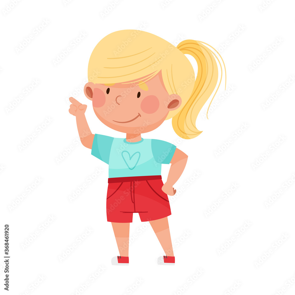 Smiling Girl Character with Blonde Hair Pointing at Something with Her First Finger Vector Illustration