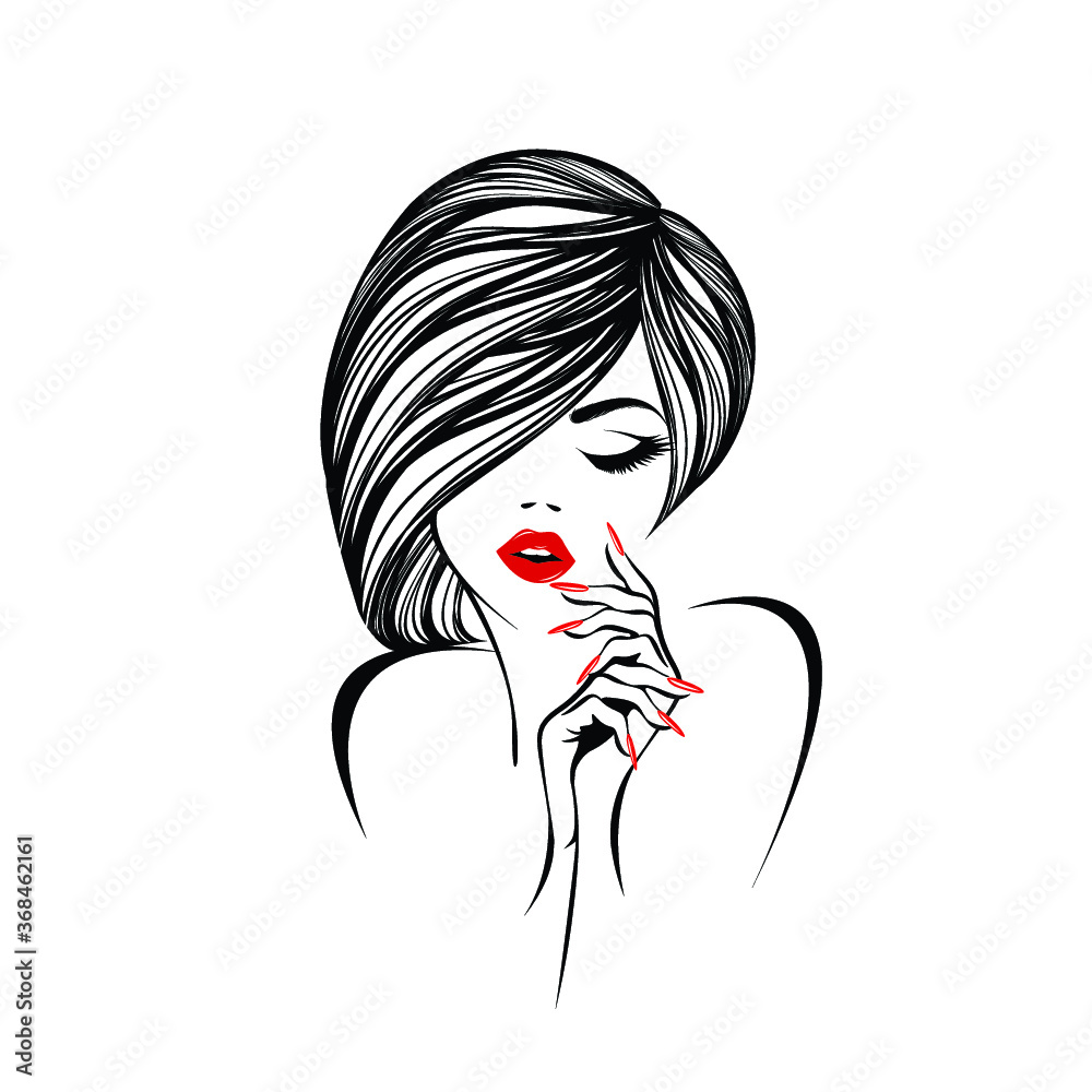 Woman with wavy hairstyle, elegant makeup and manicure.Beautiful girl portrait.Hair salon, nails art and beauty studio illustration.Cosmetics and spa logo.Young lady face.Red lipstick and nail polish. Woman with wavy hairstyle, elegant makeup and manicure.Beautiful girl portrait.Hair salon, nails art and beauty studio illustration.Cosmetics and spa logo.Young lady face.Red lipstick and nail polish.