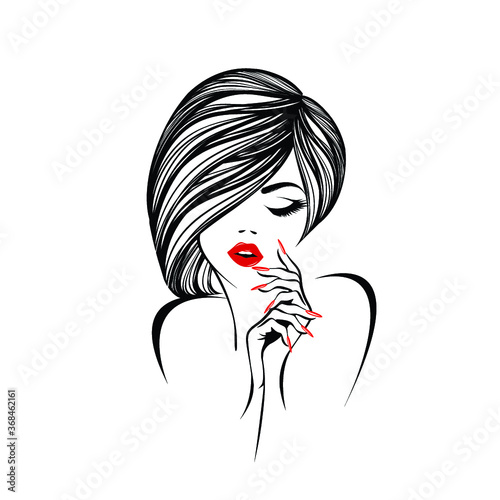 Woman with wavy hairstyle, elegant makeup and manicure.Beautiful girl portrait.Hair salon, nails art and beauty studio illustration.Cosmetics and spa logo.Young lady face.Red lipstick and nail polish.