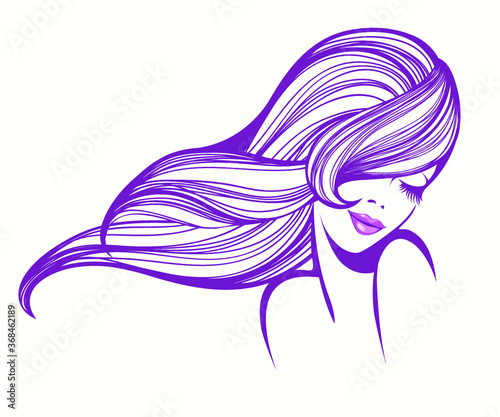 Woman with long, wavy hairstyle and elegant makeup.Beautiful girl portrait.Hair salon and beauty studio illustration.Cosmetics and spa logo.Smiling young lady.Cute face.Flowing hair.
