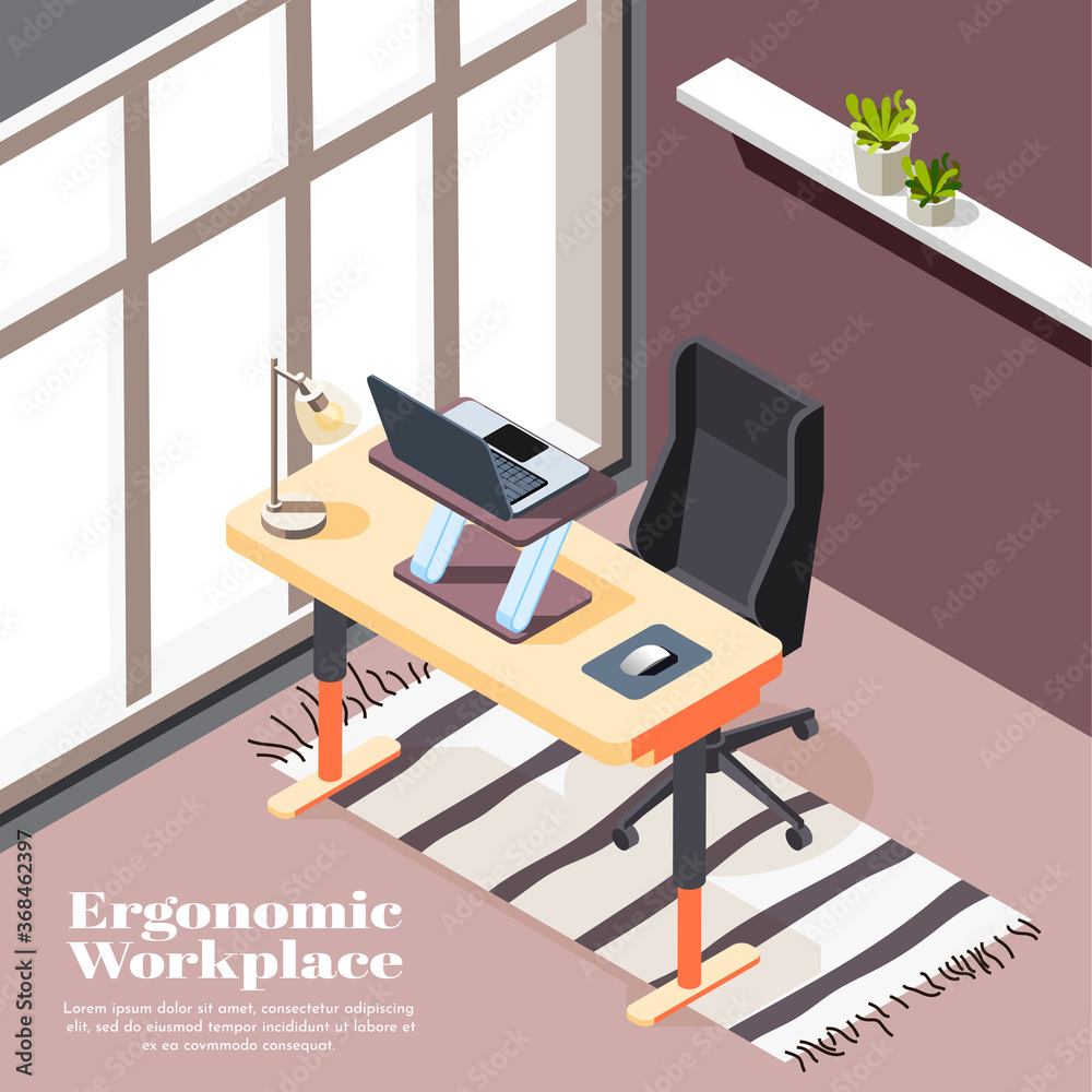 Ergonomic Workplace Isometric Background - obrazy, fototapety, plakaty 