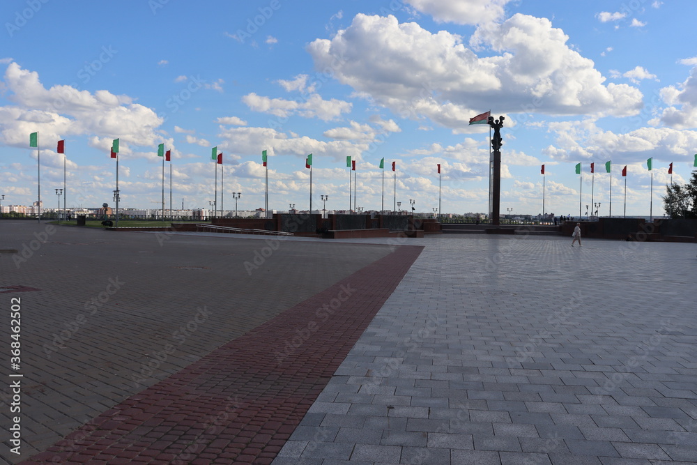memorial complex with flags in Belarus