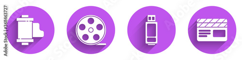 Set Camera vintage film roll cartridge, Film reel, USB flash drive and Movie clapper icon with long shadow. Vector.