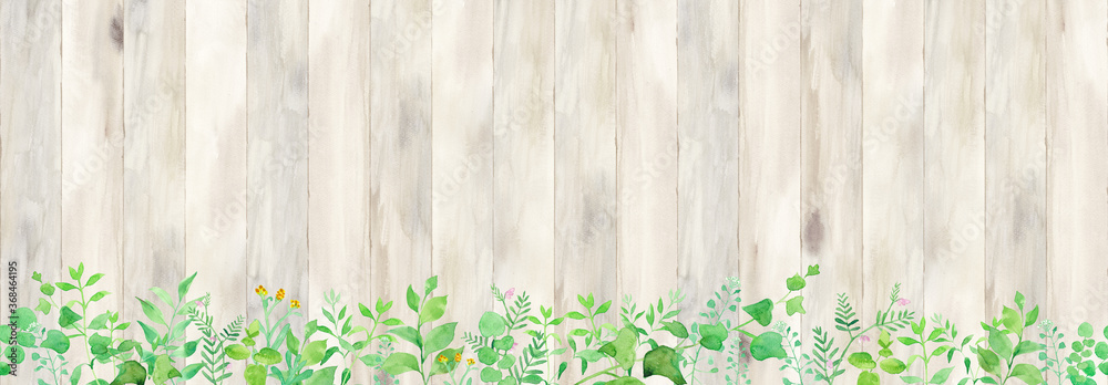 Illustrazione Stock 野草と木目のフェンス 水彩イラスト 横方向シームレスパターン Adobe Stock