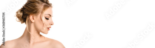 profile of naked beautiful blonde woman with makeup isolated on white, panoramic shot photo