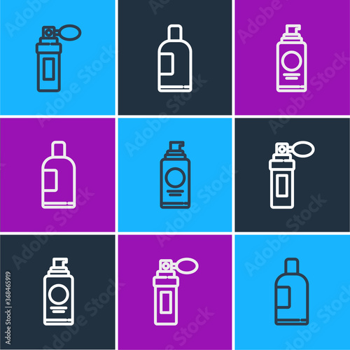 Set line Perfume, Spray can for hairspray and Bottle of shampoo icon. Vector.