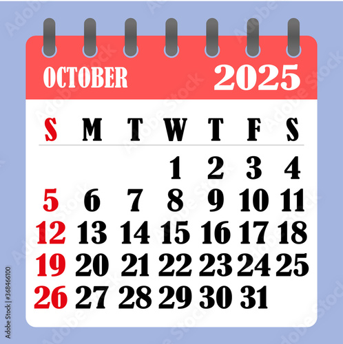 Letter calendar for October 2025. The week begins on Sunday. Time, planning and schedule concept. Flat design. Removable calendar for the month. Vector