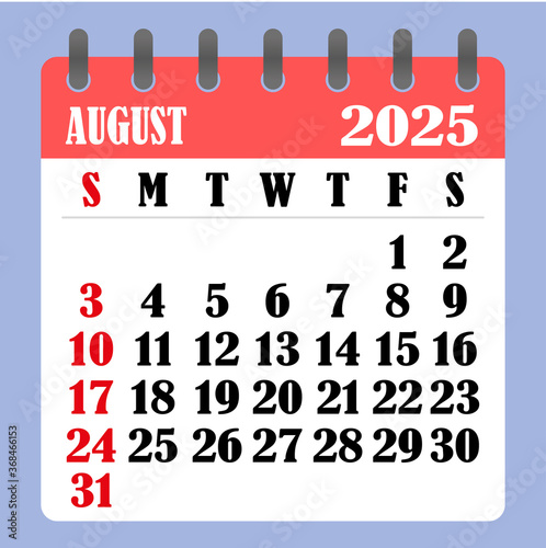 Letter calendar for August 2025. The week begins on Sunday. Time, planning and schedule concept. Flat design. Removable calendar for the month. Vector
