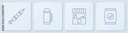Set line Grilled shish kebab, Street stall with awning, Thermos container and Bag or packet potato chips. White square button. Vector.