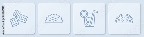 Set line Cracker biscuit, Cocktail, Taco with tortilla and . White square button. Vector.