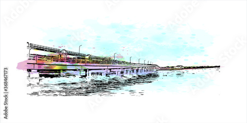 Building view with landmark of Alapuzha is a city on the Laccadive Sea in the southern Indian state of Kerala. Watercolor splash with Hand drawn sketch illustration in vector.