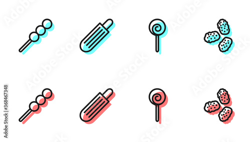 Set line Lollipop, Meatballs on wooden stick, French hot dog and Chicken nuggets icon. Vector.