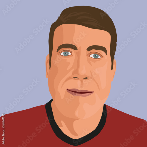 Dans un style graphique de bande dessinée, le gros plan du visage d’un homme de type caucasien vu de face.