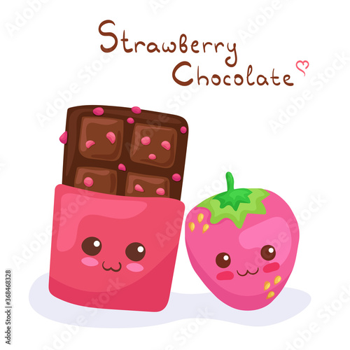 Kawaii vector illustration of Chocolate & Strawberry isolated on white background. Cute funny & happy food characters. Cartoon smiling chocolate bar with fruit filling & berry for menu with lettering.