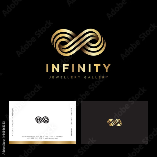 Infinity logo, consist of golden strips or ribbons. Infinity abstract emblem. Logo can be used for business, jewelries production, ladies luxury boutique.