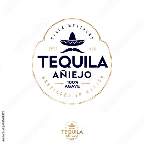 Tequila emblem. Big black mustache and authentic Mexican hat sombrero. Blue Agave Tequila logo. 