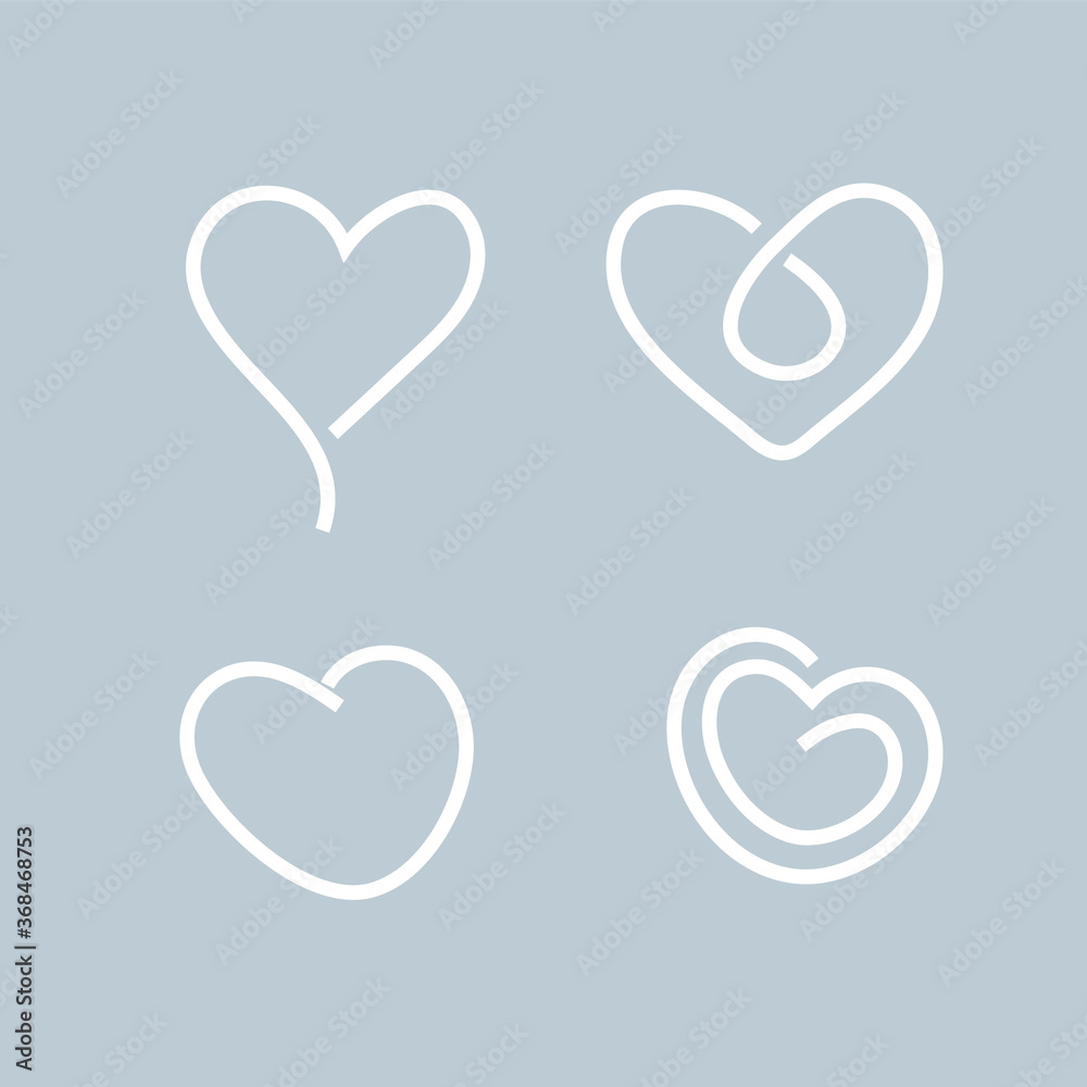 Heart thin line logo icons set isolated on grey background. Creative collection of different continuous line vector hearts for web site wedding day love logotype Valentine's day cardio symbol