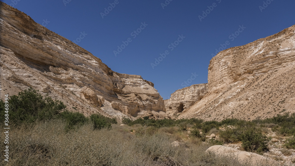 Ein Avdat National Park entrance into the deep canyon, carved by Zin streem, located at the foot of Midreshet Ben Gurion in Kibbutz Sde Boker, Negev desert, Israel. 