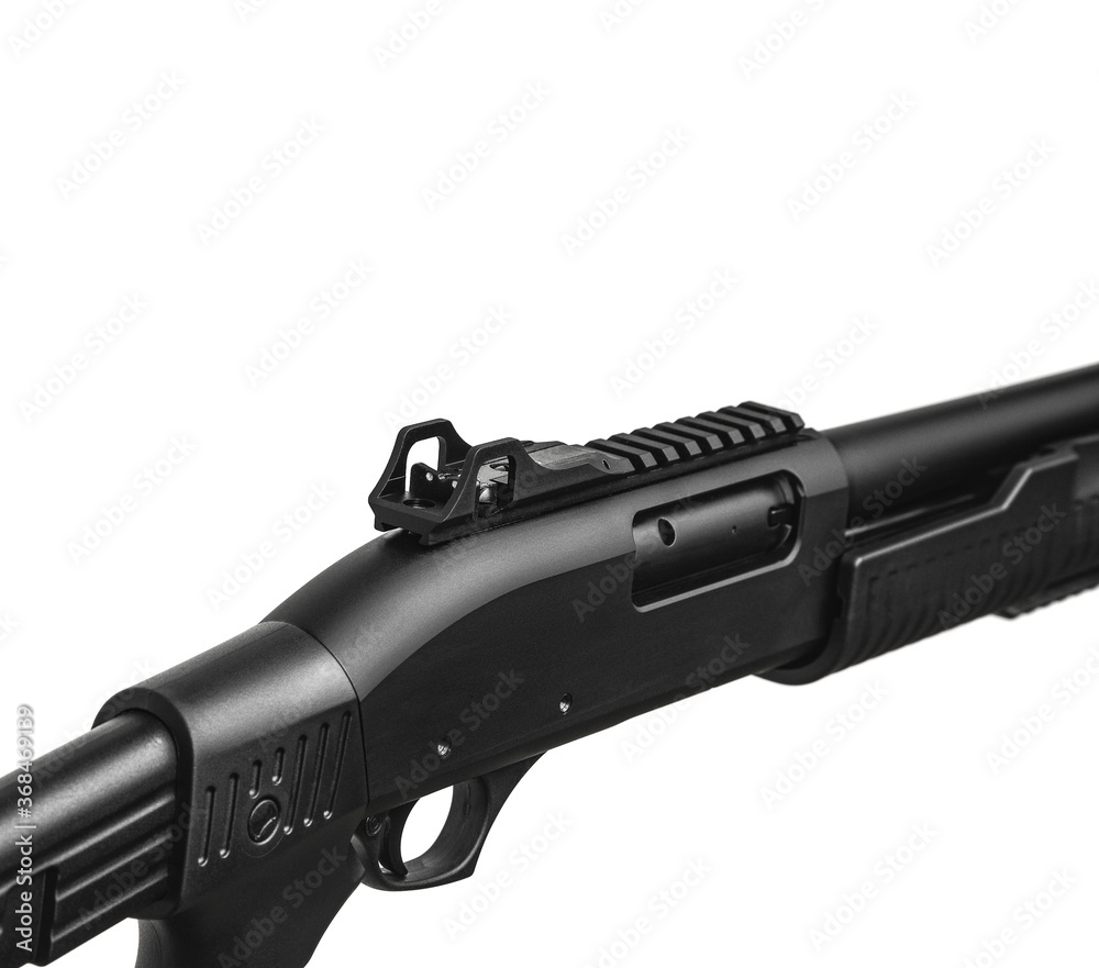 Modern pump action tactical shotgun isolate on a white background. Armament of the police, army and special units. Weapons for sports and self-defense