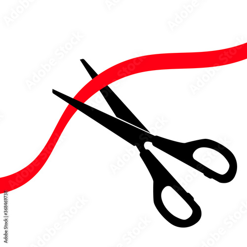 Black scissors cutting the red ribbon. Icon isolated on white background. Vector illustration EPS10