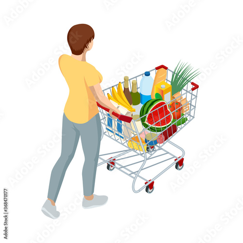 Shopping cart full of food. Woman pushing supermarket shopping cart full of groceries. Isometric illustration isolated on white background. Back view