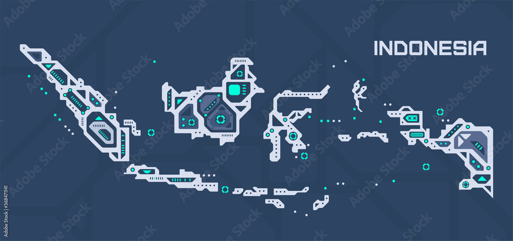 Obraz premium Abstract futuristic map of Indonesia. Mechanical circuit of the country. Technology space background.