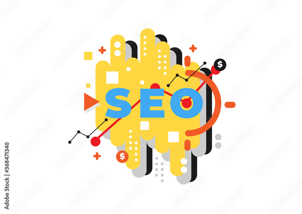SEO on geometric abstract background. Search engine optimization concept. Dynamic shapes composition.