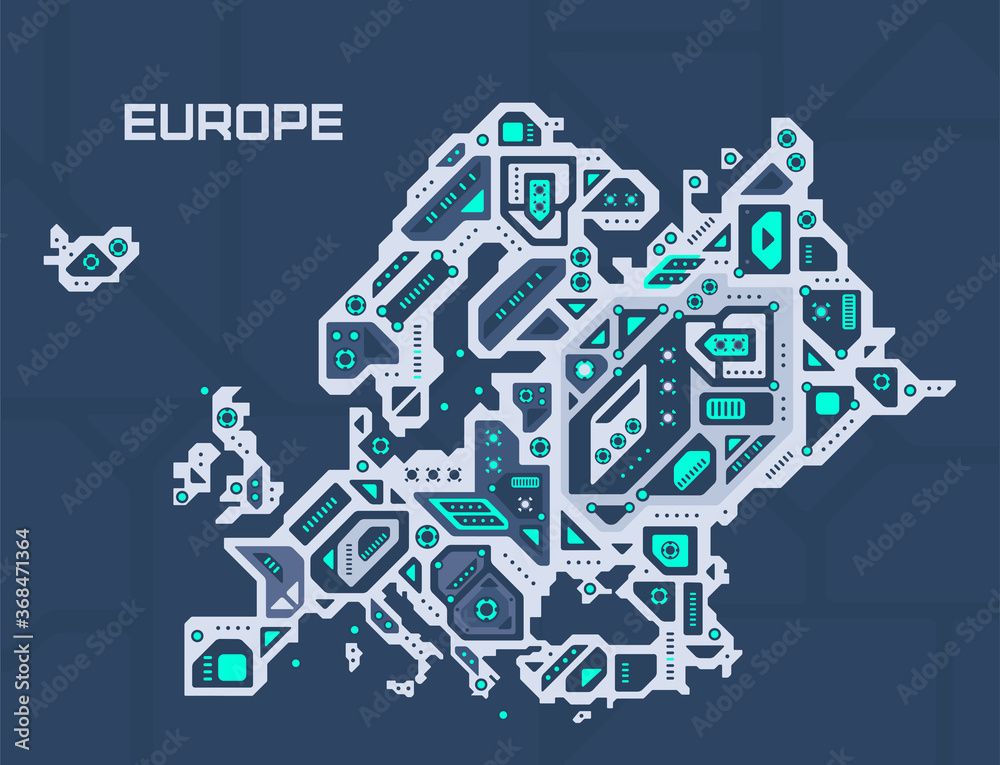 Abstract futuristic map of Europe. Mechanical circuit of the region. Technology space background.