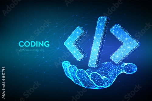 Programming code icon. 3D Low polygonal abstract programming code symbol in hand. Coding or Hacker background. Development and software concept. Vector Illustration.