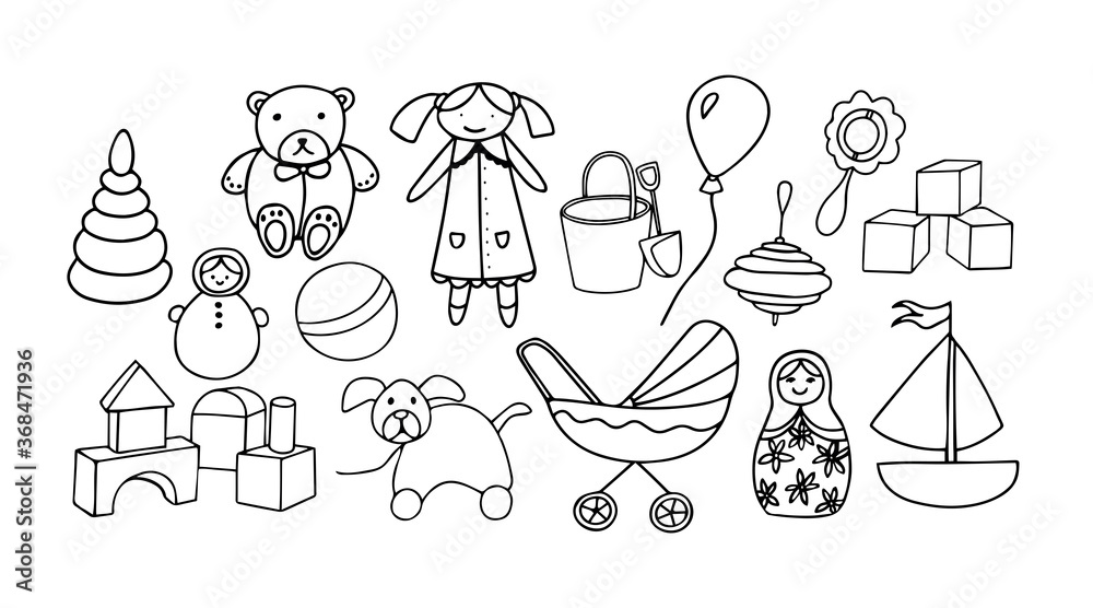Obraz premium A set of cute toys for little girl. Hand drawn doodle set of elements. Black outline isolated on white background. Vector illustration