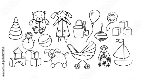 A set of cute toys for little girl. Hand drawn doodle set of elements. Black outline isolated on white background. Vector illustration