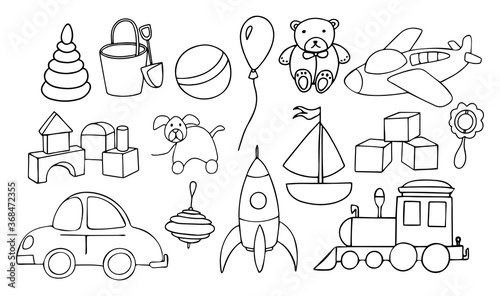 A set of cute toys for little boy. Hand drawn doodle set of elements. Black outline isolated on white background. Vector illustration
