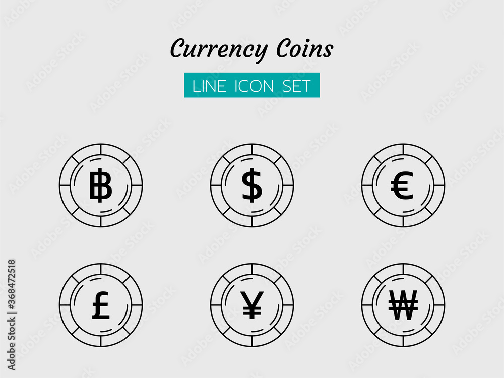 Fototapeta premium line icon symbol set, business currency coins baht, Yen, Won, pounds, Euro, dollar, Isolated flat outline vector design