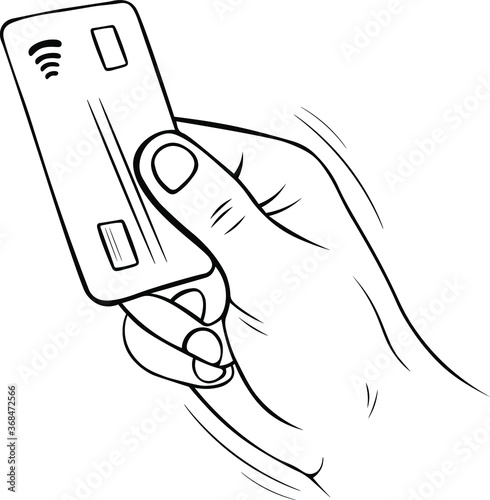 hand drawn sketch doodle vector illustration of hand holding electronic ticket contactless wireless visa  card