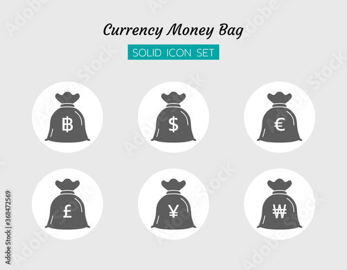 solid icon symbol set, business currency money bag baht, Yen, Won, pounds, Euro, dollar, Isolated flat vector design
