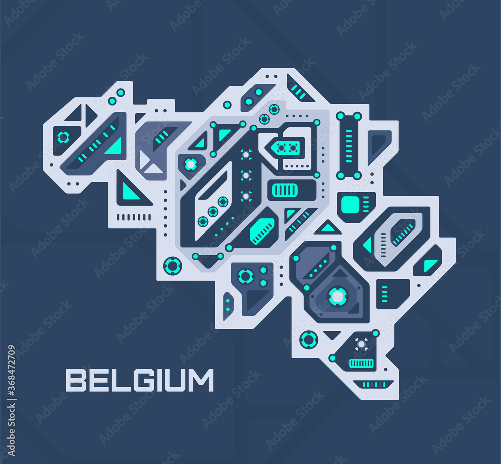 Abstract futuristic map of Belgium. Mechanical circuit of the country. Technology space background.