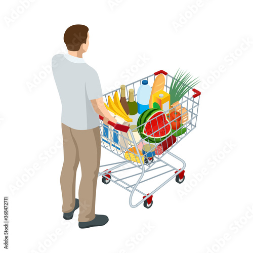 Shopping cart full of food. Man pushing supermarket shopping cart full of groceries. Isometric illustration isolated on white background. Back view