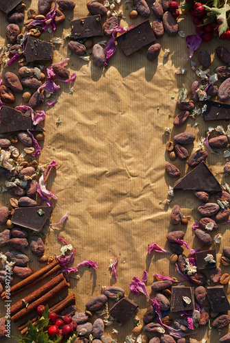  Flat lay of Raw cocoa beans, chocolate on sacking , cinnamon, petals of flower peony and apple