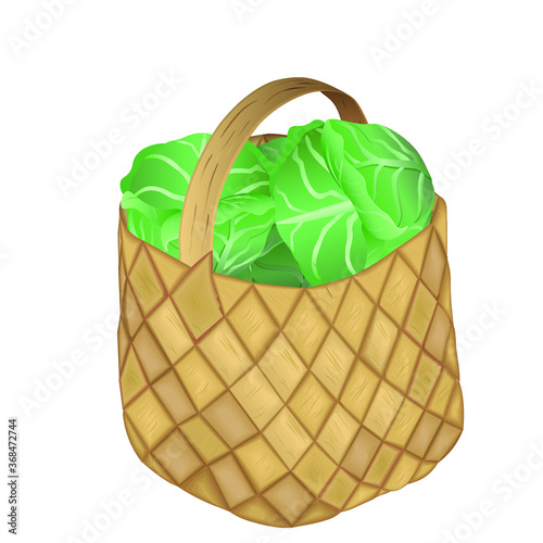 Full wicker basket with cabbage on a white background.