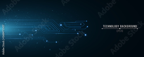 Futuristic technology background of glowng blue computer circuit. Random flying particles. Science backdrop. Hi-tech template. Vector Illustration