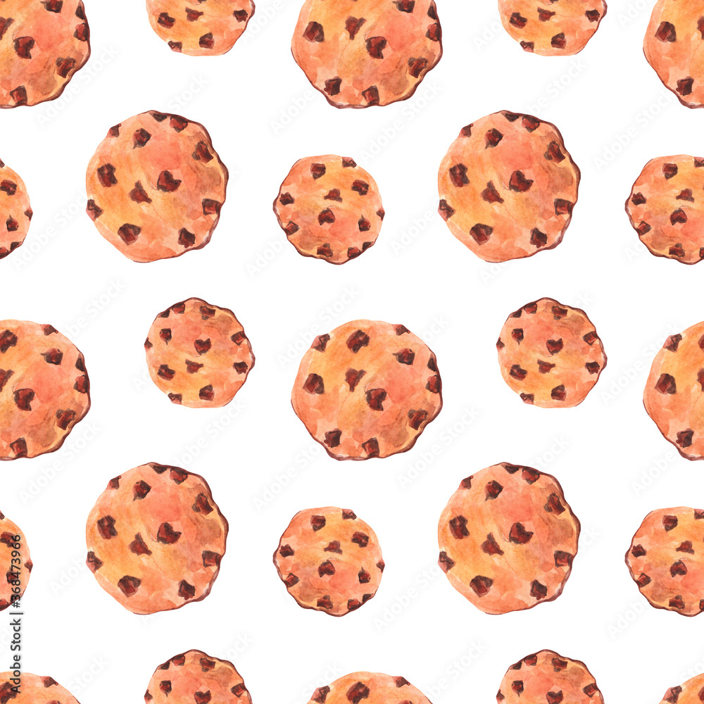Seamless watercolor pattern with oatmeal cookies with chocolate pieces on a white background. Seamless watercolor pattern with oatmeal cookies with chocolate pieces on a white background.