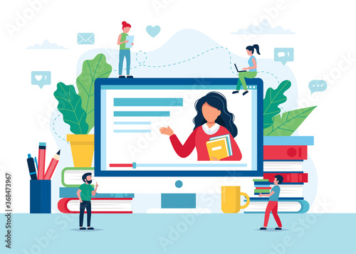 Online education concept, screen with teacher, books and pencils. Small people characters. illustration in flat style
