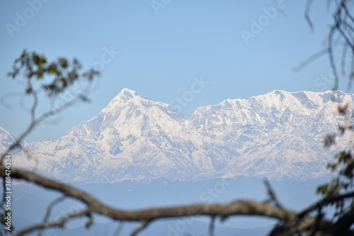 Beautiful picture of blur branch of tree and mountain of snow in nainital